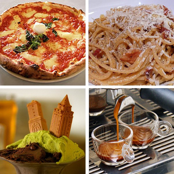 Pizza, Pasta, Geloato (ice cream), Caffè (espresso)