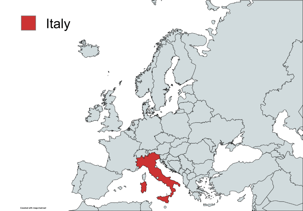 Location of Italy in Europe, marked in red