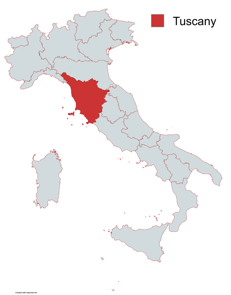 Location of Tuscany in Italy, marked in red